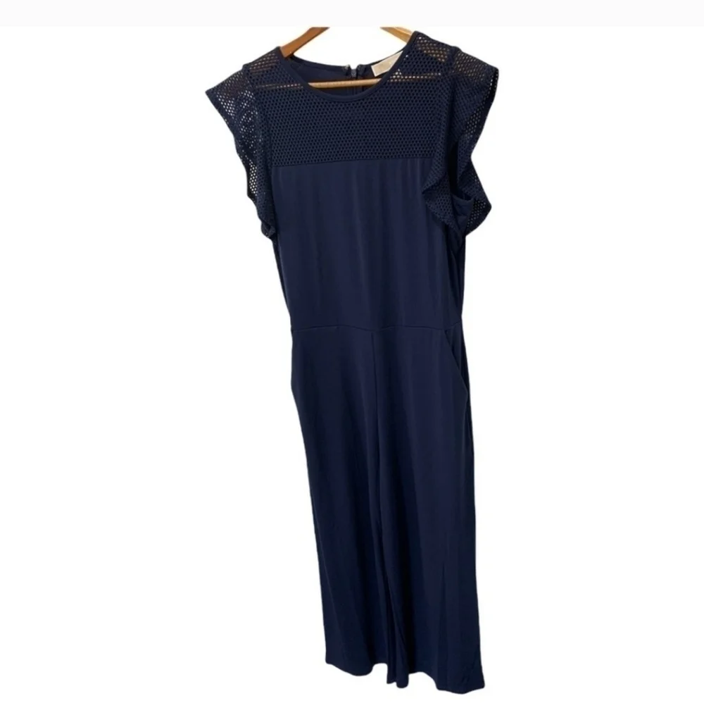 NWOT Michael Kors Navy Blue Lattice Cropped Jumpsuit Wide Leg Medium